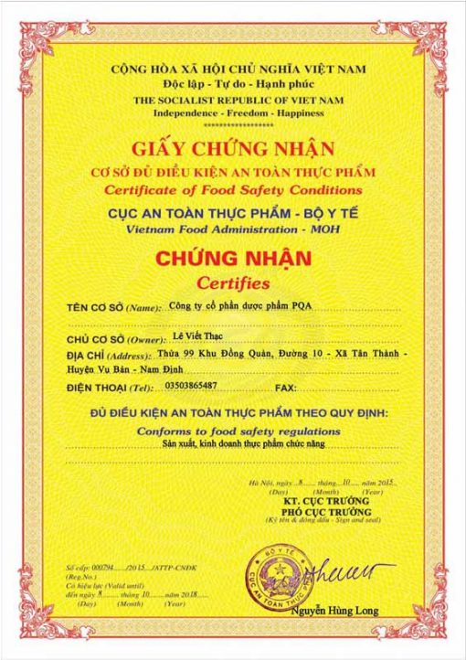 chứng nhận an toàn vệ sinh thực phẩm